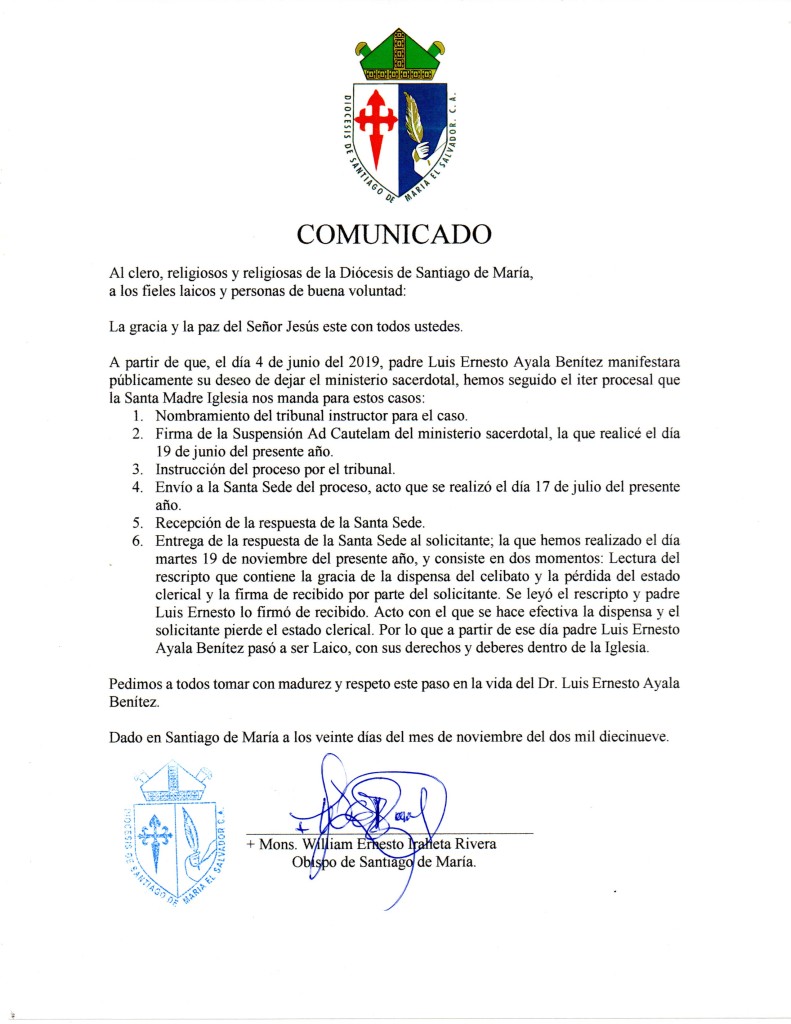 Comunicado Santiago de María Diócesis