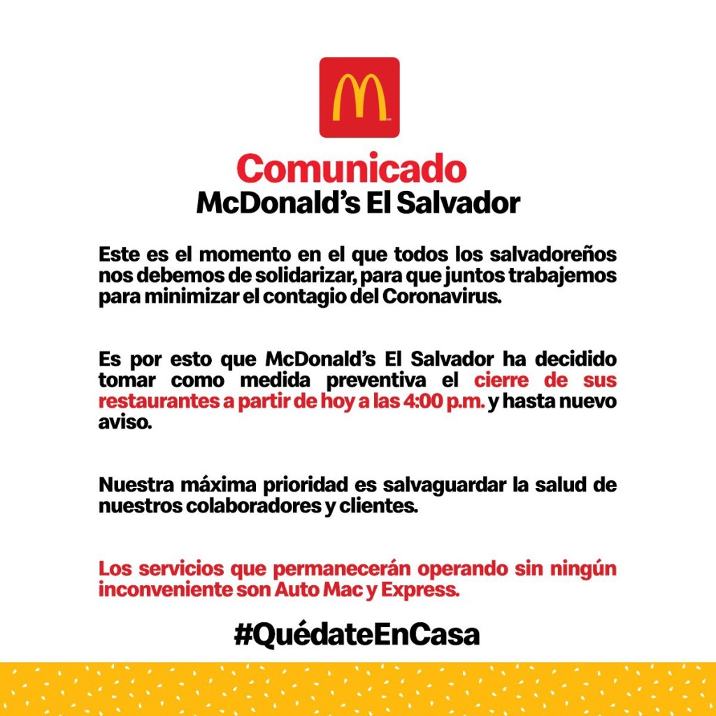 Comunicado Mcdonald`s