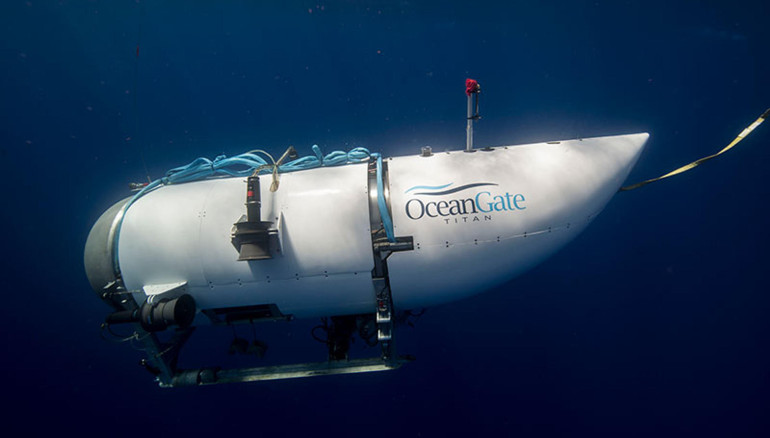 Fotografía facilitada por Ocean Gate que muestra el exterior de un submarino turístico, con capacidad para cinco personas, operado por la citada compañía. EFE/Ocean Gate