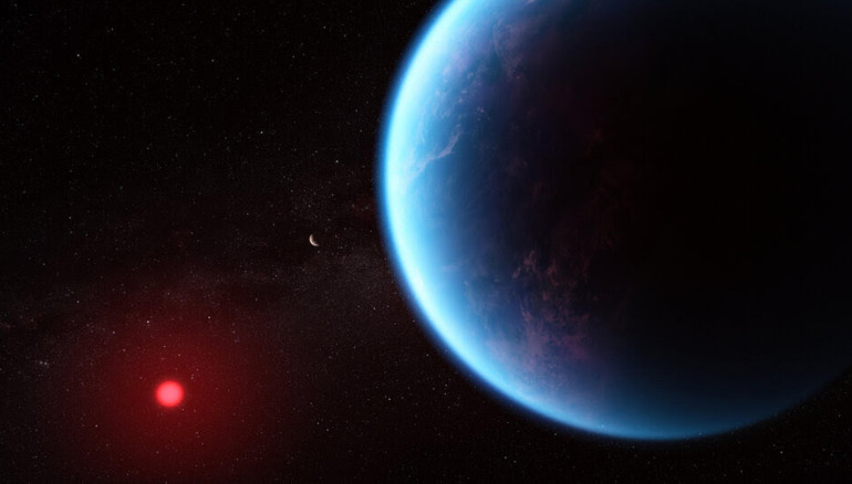 Representación artística del exoplaneta K2-18 b, según los datos científicos. Crédito: NASA, CSA, ESA, J. Olmstead (STScI), N. Madhusudhan (Cambridge University)
