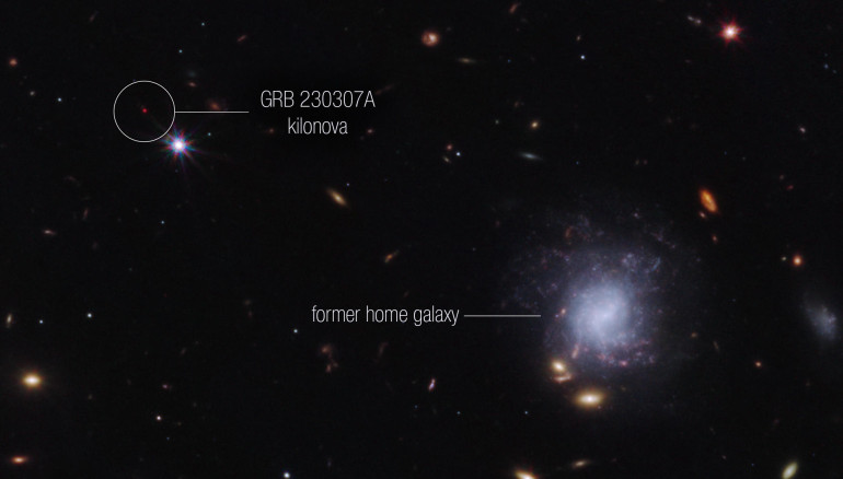 Esta imagen de la cámara NIRCam (Near-Infrared Camera) del telescopio James Webb muestra la kilonova del GRB 230307A y su antigua galaxia de origen. Crédito: NASA, ESA, CSA, STScI, A. Levan (IMAPP, Warw), A. Pagan (STScI)