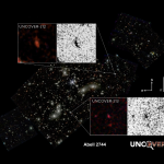Imagen de la segunda y la cuarta galaxias más lejanas observadas, en el cluster de Pandora. Crédito: Cluster image: NASA, UNCOVER (Bezanson et al., DIO: 10.48550/arXiv.2212.04026) Insets: NASA, UNCOVER (Wang et al., 2023) Composition: Dani Zemba/Penn State