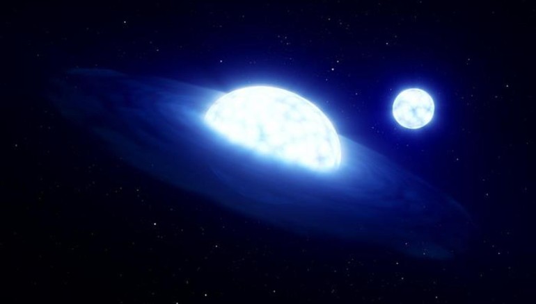 Impresión artística compuesta por una estrella con un disco a su alrededor (una estrella Be "vampiro"; primer plano) y su estrella compañera que ha sido despojada de sus partes externas (fondo). Crédito: ESO/L. Calçada