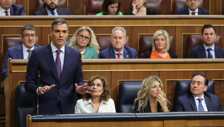 El presidente del Gobierno de España, Pedro Sánchez, interviene desde su escaño durante el pleno del Congreso de los Diputados celebrado este miércoles. EFE/Kiko Huesca